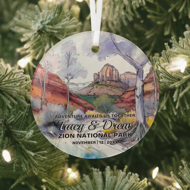 Christmas Zion National Park Adventure Couple Boho Glass Tree Decoration (Insitu)