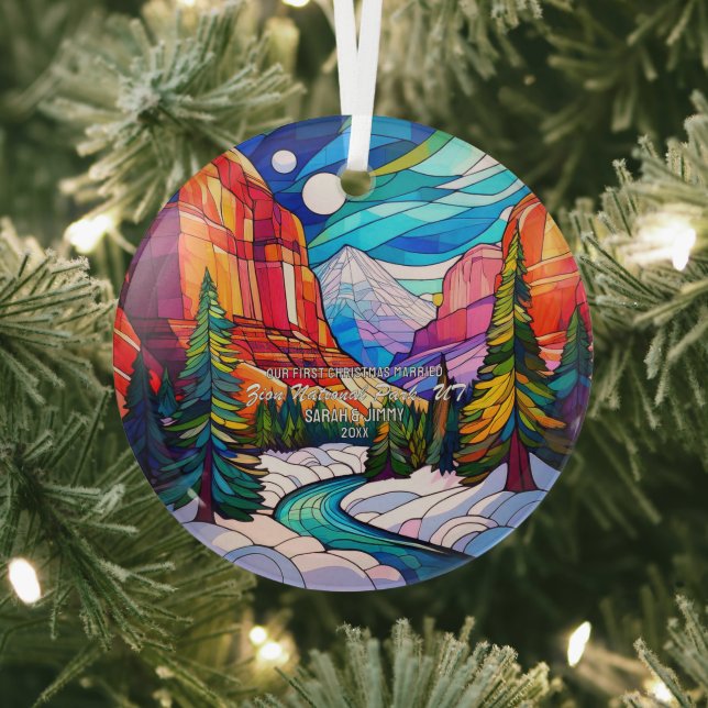Christmas Zion Utah Stained Glass Married Couple Tree Decoration (Insitu)
