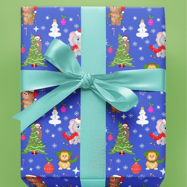 Christmas Zoo Animals In Sky Blue Wrapping Paper (Creator Uploaded)