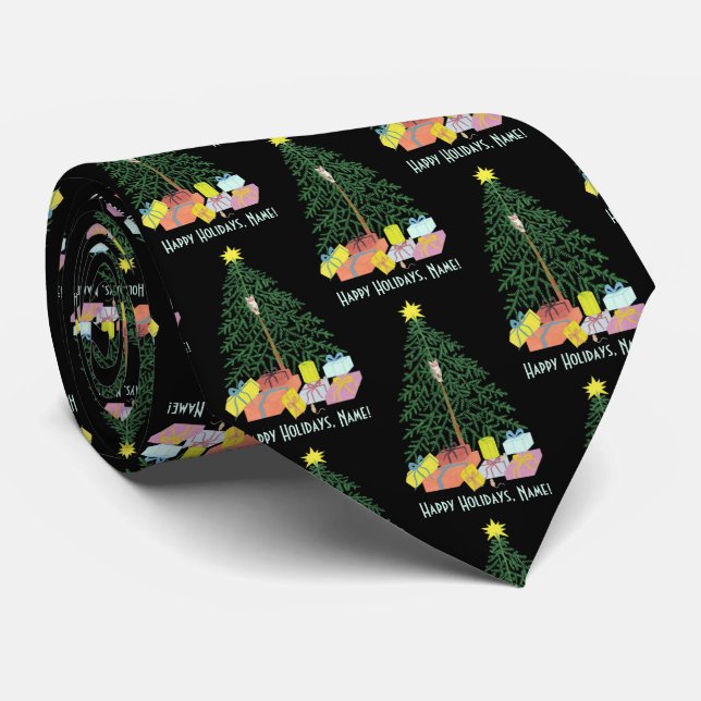  Christmast Tree Black Neck Tie (Rolled)