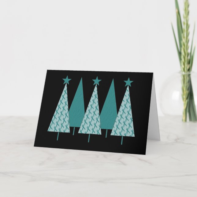 Christmast Trees Teal Ribbon - Ovarian Cancer Holiday Card (Front)