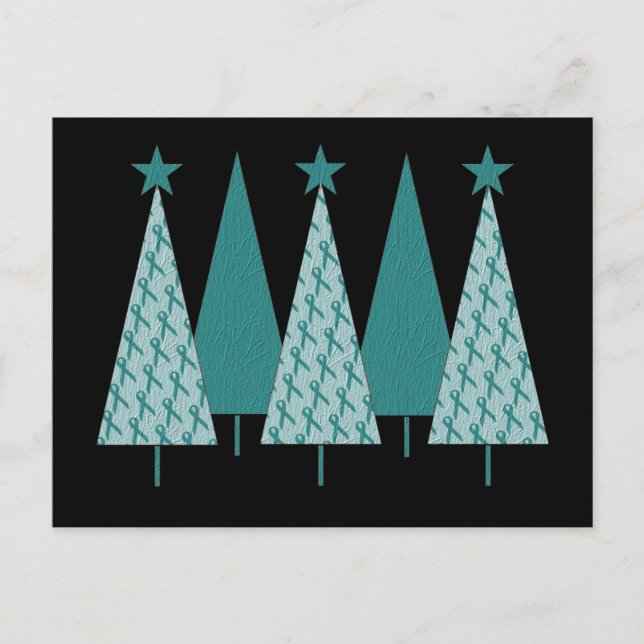 Christmast Trees Teal Ribbon - Ovarian Cancer Holiday Postcard (Front)