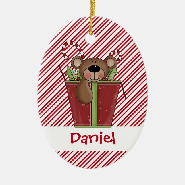 Christmastime Candy Stripes Teddy Bear Ornament (Front)