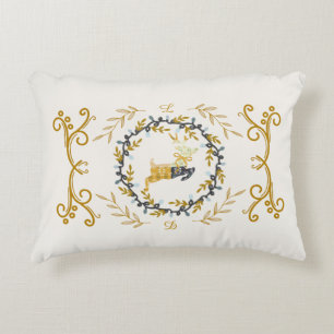 Christmastime Deer with Wreath Yellow Cream Decorative Cushion