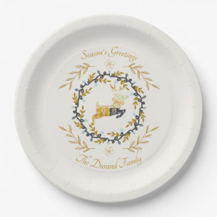 Christmastime Deer with Wreath Yellow Cream Paper Plate