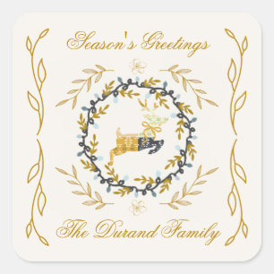 Christmastime Deer with Wreath Yellow Cream Square Sticker