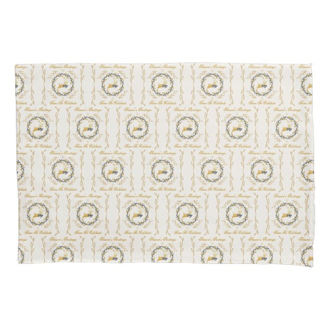 Christmastime Deer & Wreath Yellow Cream Pattern Pillowcase (Front)