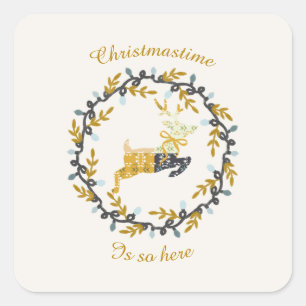 Christmastime Deer & Wreath Yellow Cream Square Sticker
