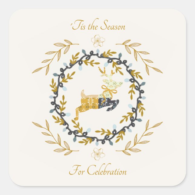 Christmastime Deer Yellow Cream Celebrate Square Sticker (Front)