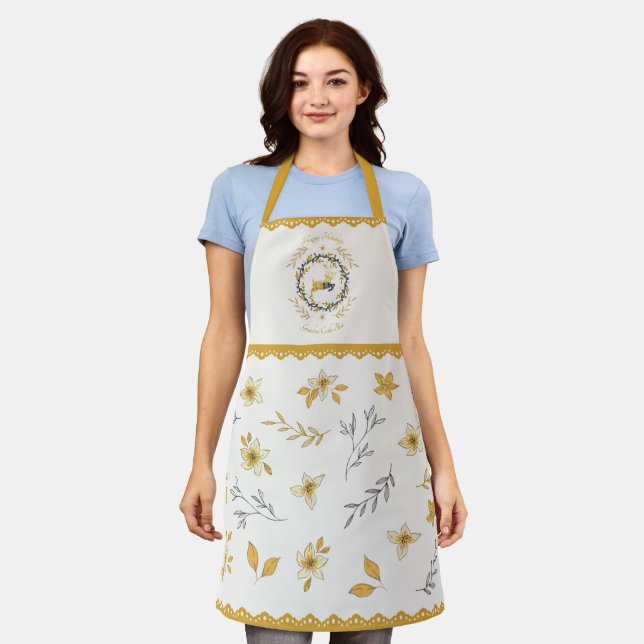 Christmastime Deer Yellow Cream Floral Apron (Worn)