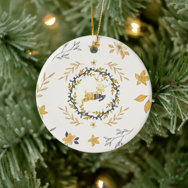 Christmastime Deer Yellow Cream Floral Ceramic Ornament (Tree)