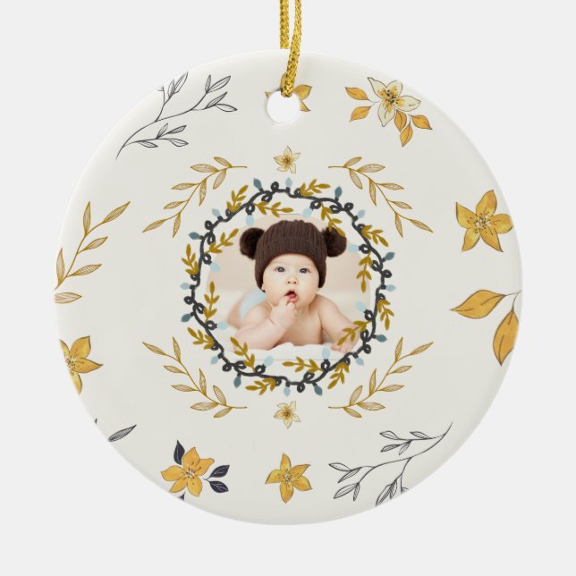 Christmastime Deer Yellow Cream Floral Photo Ceramic Ornament (Front)