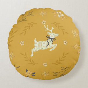 Christmastime Deer Yellow Floral Round Cushion