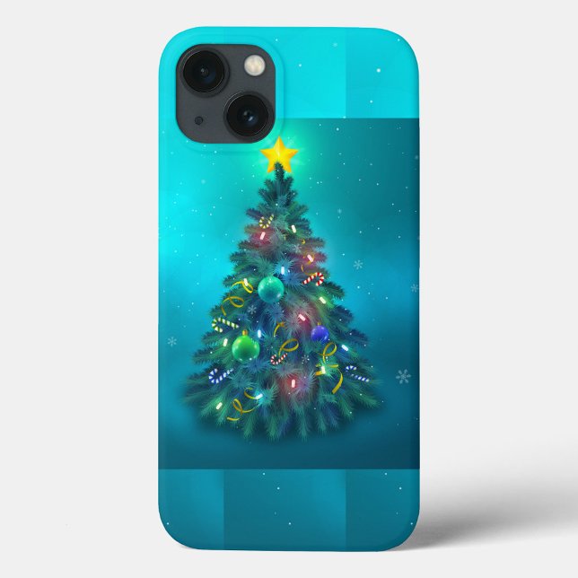 Christmastime iPhone Case (Illustration of a Christmas tree with a yellow star on top, decorated with ornaments, candy canes.)
