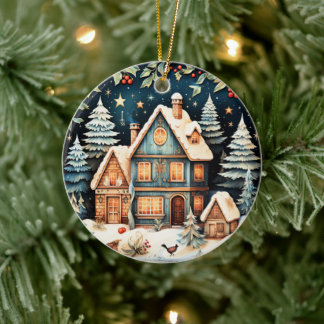 Christmastime, vintage holiday scene, ceramic ornament