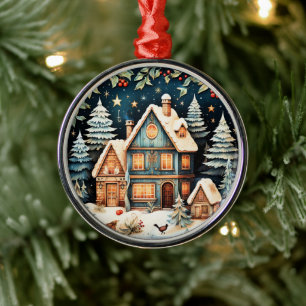 Christmastime, vintage holiday scene, metal ornament