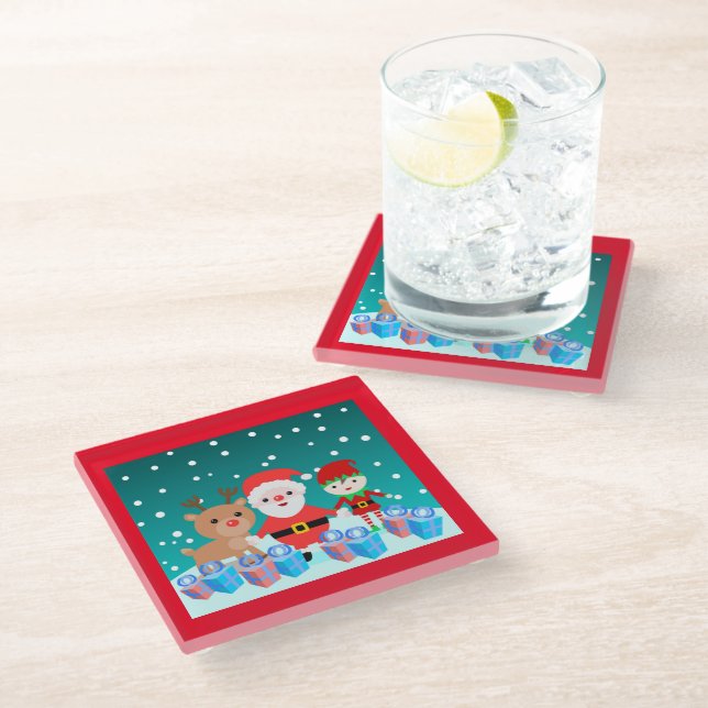 CHRISTMASTIME WITH SANTA AND HIS FRIENDS GLASS COA GLASS COASTER (Angled)