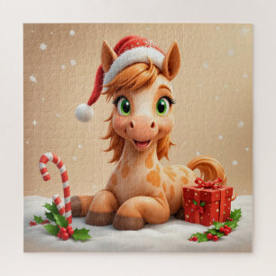Christms Cartoon Horse With Santa Hat Jigsaw Puzzle