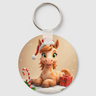 Christms Cartoon Horse With Santa Hat Key Ring