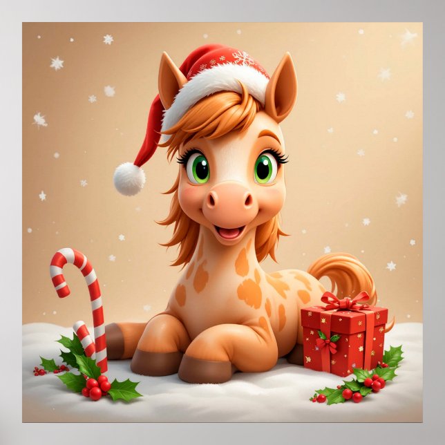 Christms Cartoon Horse With Santa Hat Poster (Front)