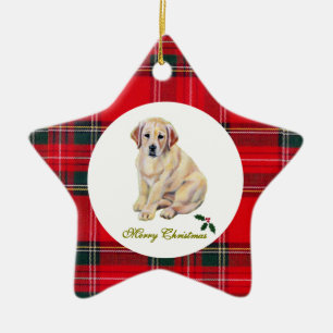 Christms Yellow Labrador Puppy Tartan Ceramic Ornament