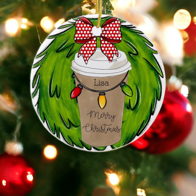 Christnas Coffee Wreath Personalised Ceramic Ornament (Creator Uploaded)
