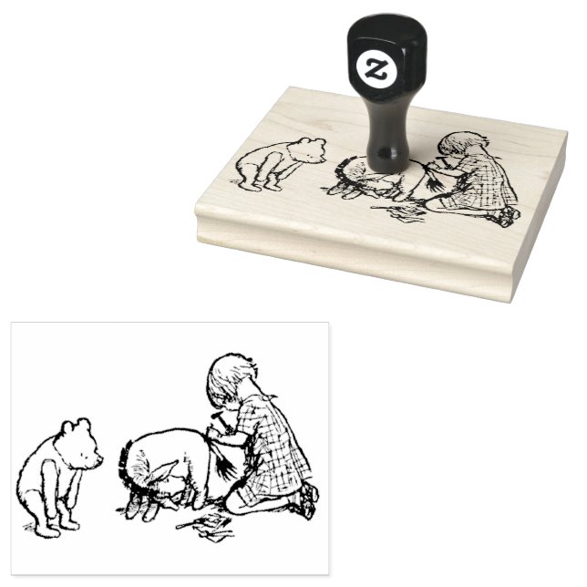Christopher Robin putting on Eeyore's Tail Rubber Stamp (Stamped)