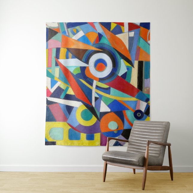 Chromatic Cubist Symphony Geometric Design Tapestry (In Situ)