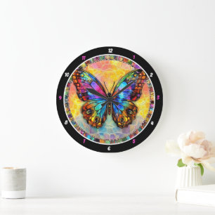 Chromatic Flutter" - Mosaic Butterfly Large Clock