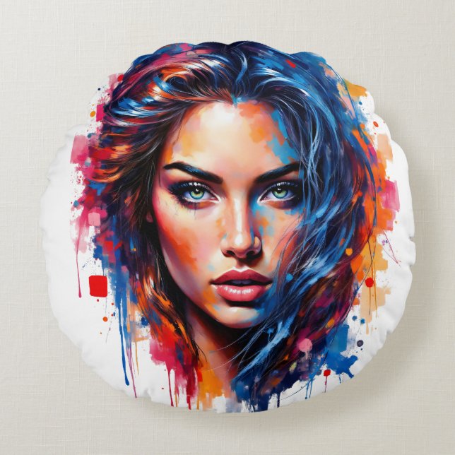 Chromatic Muse – Neon Splash Portrait Round Cushion (Front)