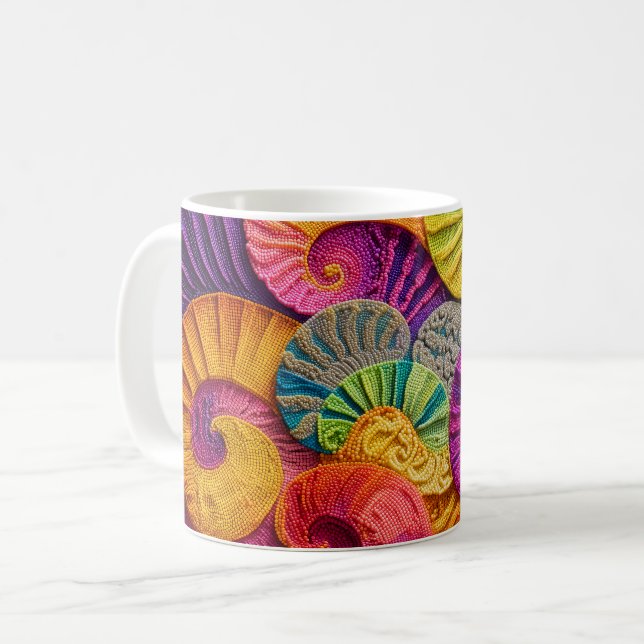 Chromatic Shells: Vibrant Spiral Mosaic Coffee Mug (Front Left)