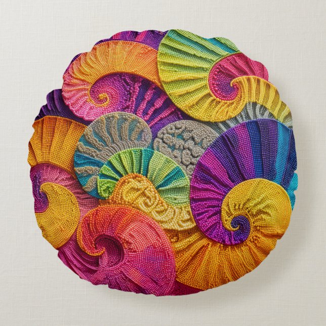 Chromatic Shells: Vibrant Spiral Mosaic Round Cushion (Front)
