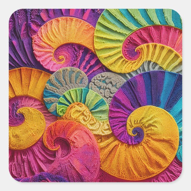 Chromatic Shells: Vibrant Spiral Mosaic Square Sticker (Front)