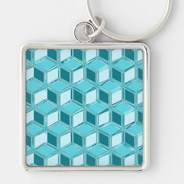 Chrome 3-d boxes - turquoise / aqua key ring (Front)