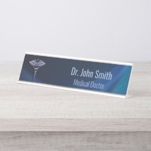Chrome 3D Medical Dark Holographic Caduceus Desk Name Plate