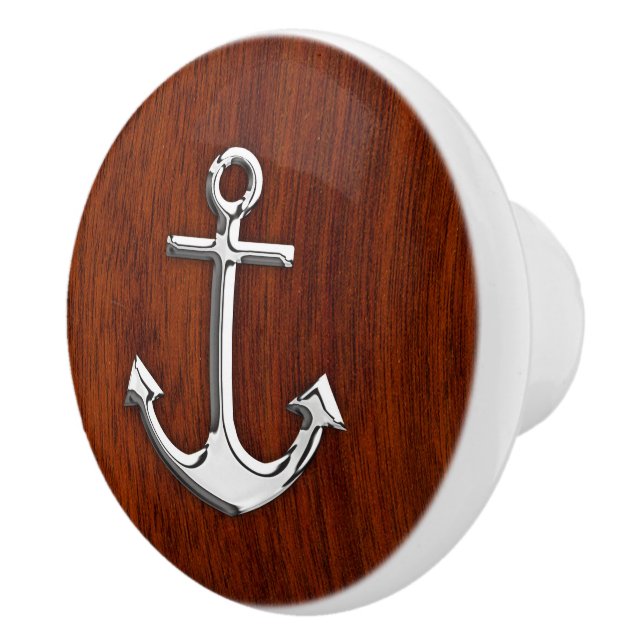 Chrome Anchor on Nautical Mahogany Grain Print Ceramic Knob (Right)