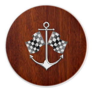 Chrome Anchor on Nautical Mahogany Grain Print Ceramic Knob