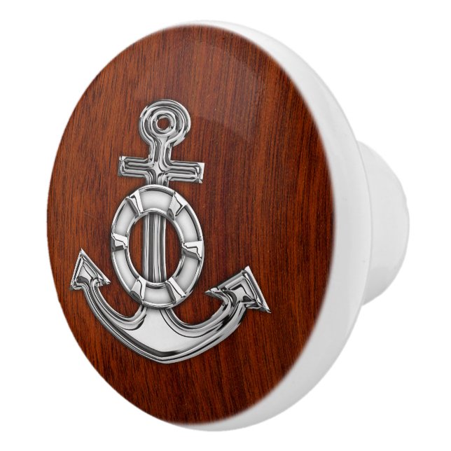 Chrome Anchor on Nautical Mahogany Grain Print Ceramic Knob (Right)