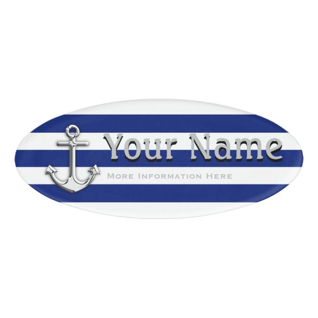 Chrome Anchor on Nautical Navy Blue Stripes plate (Front)
