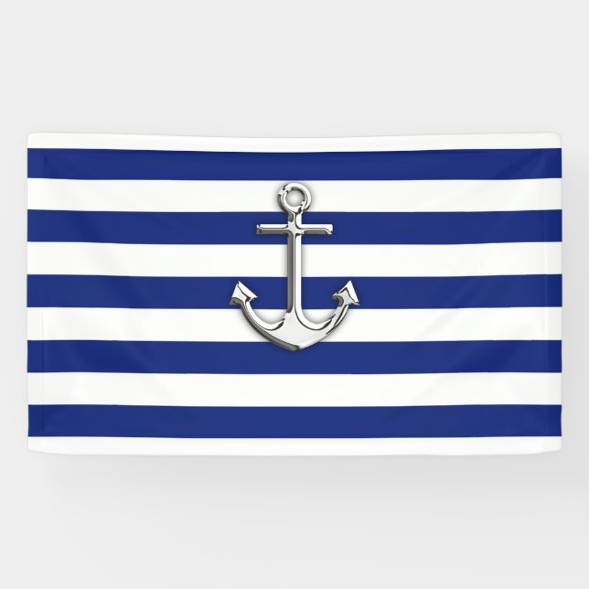 Chrome Anchor on Nautical Navy Blue Stripes Print Banner (Horizontal)