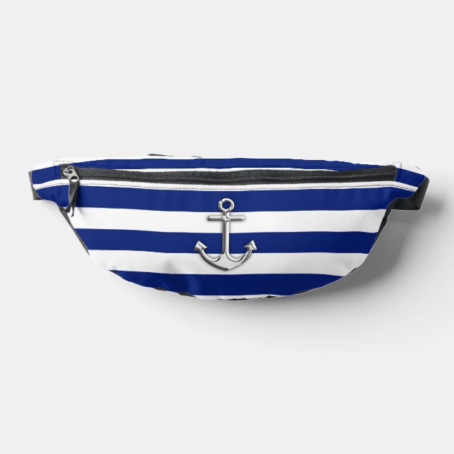 Chrome Anchor on Nautical Navy Blue Stripes Print Bum Bags (Lay Down)