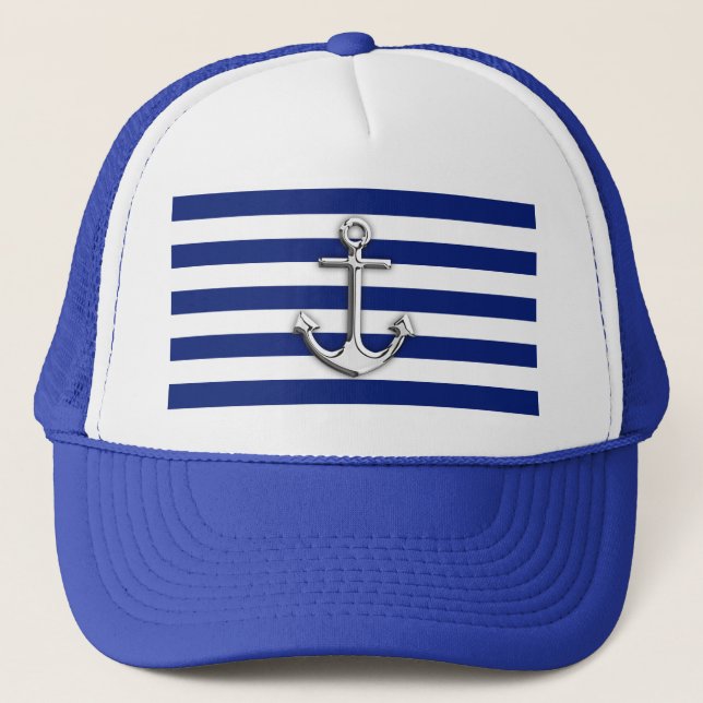 Chrome Anchor on Nautical Navy Blue Stripes Print Trucker Hat (Front)