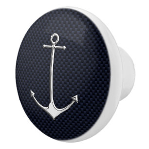 Chrome Anchor on Nautical Navy Carbon Fibre Print Ceramic Knob