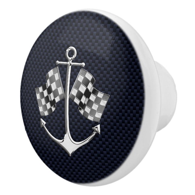 Chrome Anchor on Nautical Navy Carbon Fibre Print Ceramic Knob (Right)