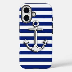 Chrome Anchor on Navy Blue Stripes Decor iPhone 16 Case