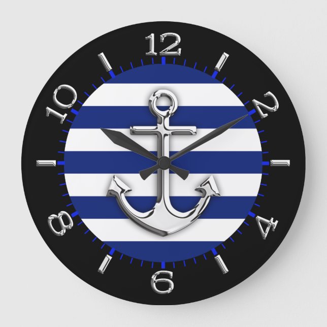 Chrome Anchor on Navy Blue Stripes Dial Large Clock (Front)