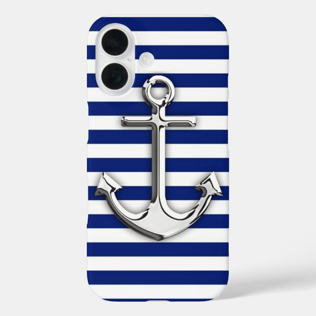 Chrome Anchor on Navy Stripes Case-Mate iPhone Case (Back)