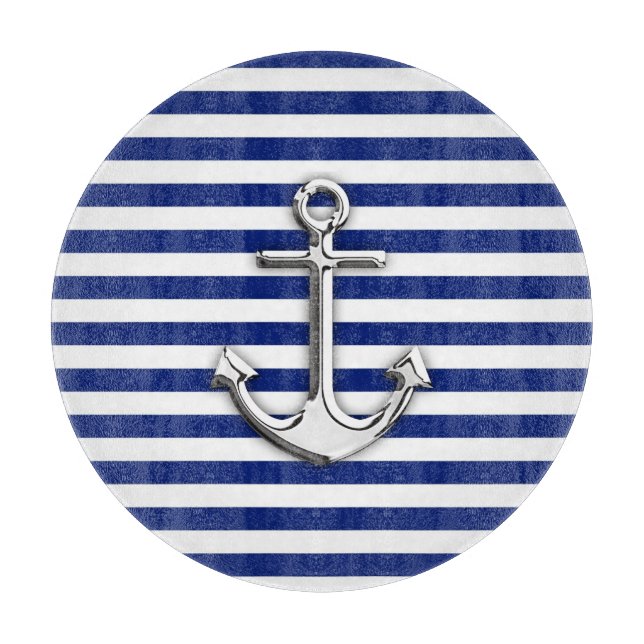 Chrome Anchor on Navy Stripes Cutting Board (Front)