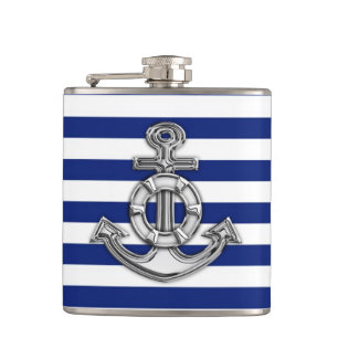 Chrome Anchor on Navy Stripes Hip Flask