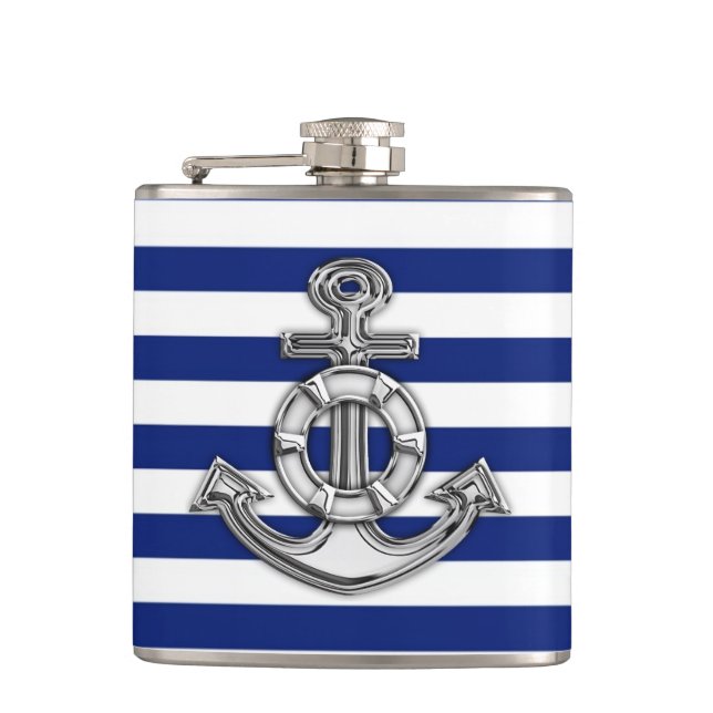 Chrome Anchor on Navy Stripes Hip Flask (Front)